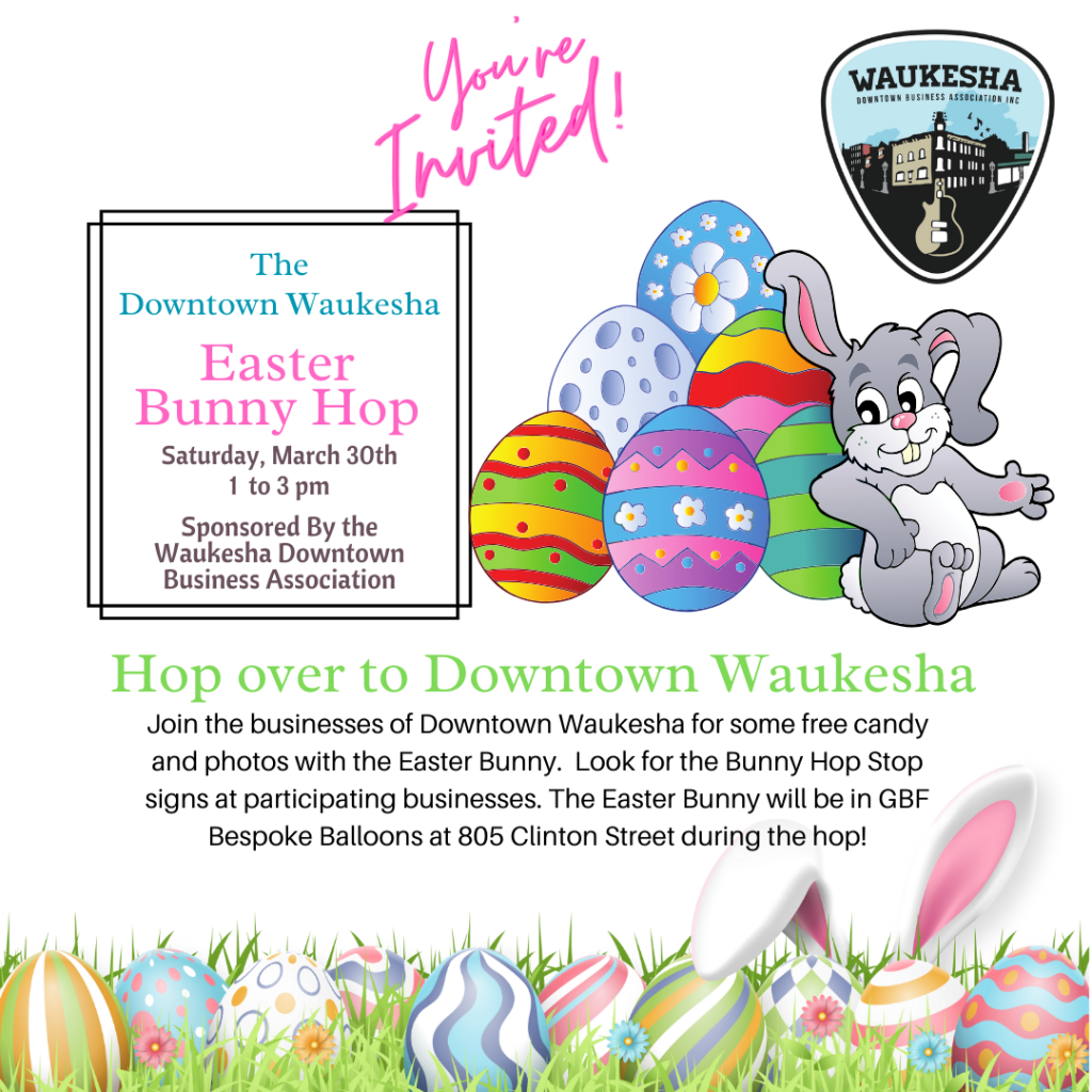 Easter Bunny and vibrant Easter eggs ready for the Bunny Hop event on March 30, 2024 in Waukesha, WI.