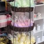 Colorful cotton candy baskets prepared by GBF Bespoke Balloons for the Easter Bunny Hop.