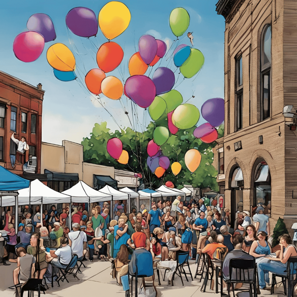AI-generated image depicting a lively crowd enjoying the Friday Night Live event in Downtown Waukesha with colorful balloons in the sky and various tents and tables set up for the festivities.