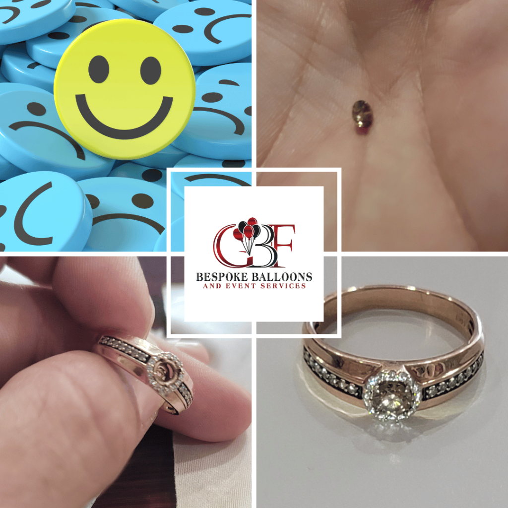 A collage showcasing a Le Vian chocolate diamond engagement ring with a missing diamond, the loose diamond in the palm of a hand, a collection of smiley and sad face buttons, and the GBF Bespoke Balloons and Event Services logo.