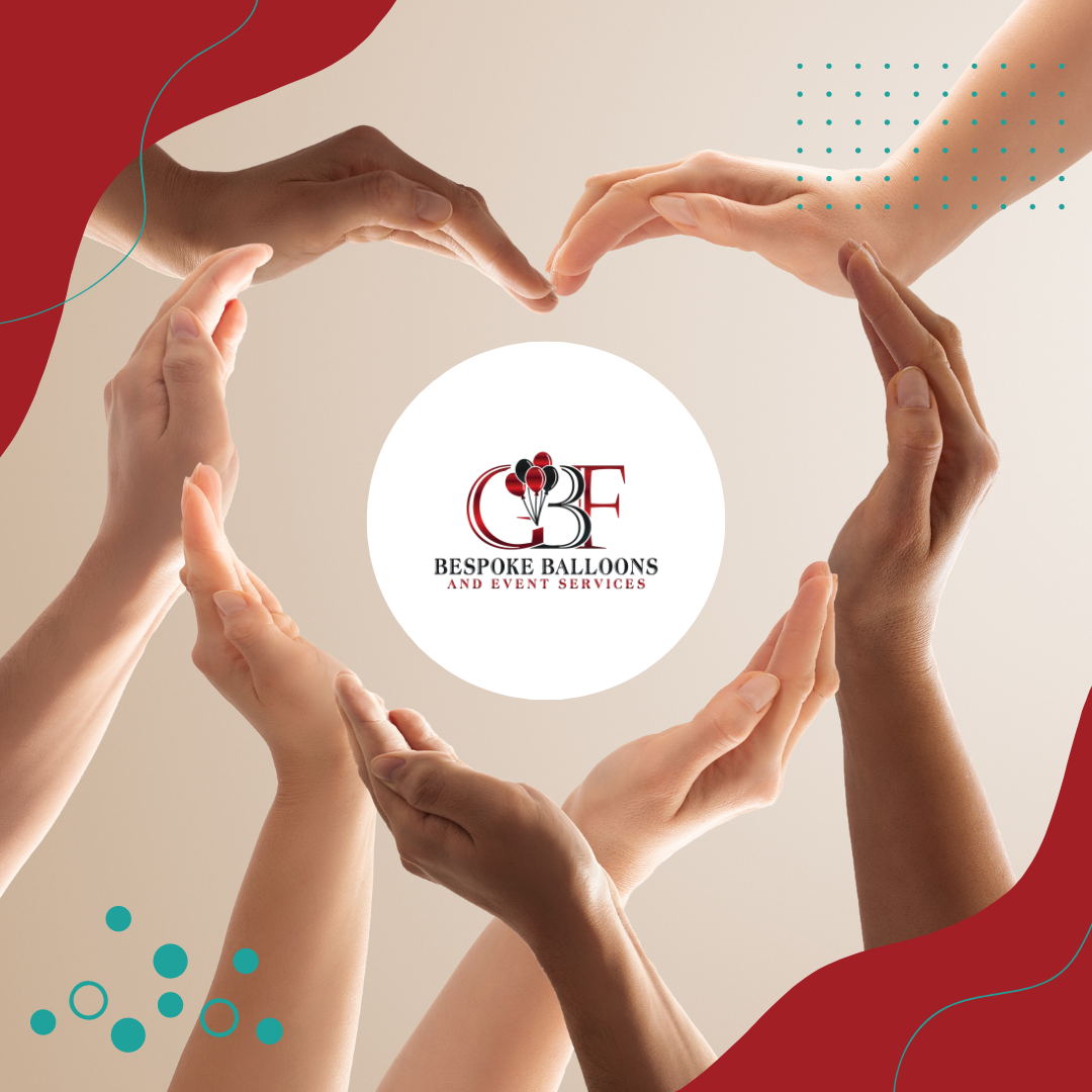Hands forming a heart shape around the GBF Bespoke Balloons and Event Services logo, symbolizing community support and creative fundraising